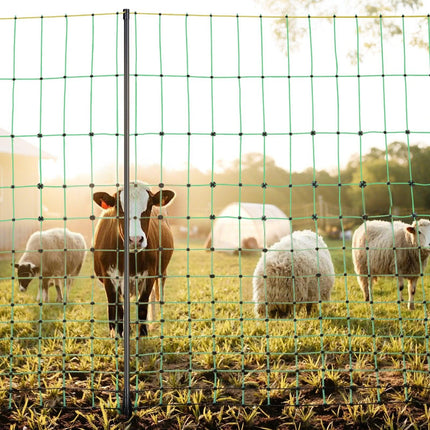 Electric Fence Netting, 0.88 x 49.98 m, PE Net Fencing with Posts & Double-Spiked Stakes, Utility Portable Mesh for Goats, Sheep, Lambs, Deer, Hogs, Dogs, Used in Backyards, Farms, and Ranches.