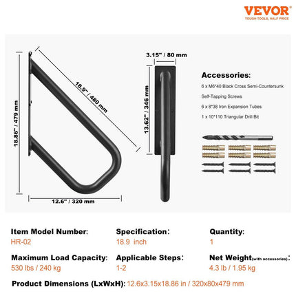 Handrails for Outdoor Steps, 18.9" Length 1.3"Pipe Wall Mount Safety Railings for 1-2 Steps, Stair Handrail with Matte Black Finished,for Garden,Yard and Garage & Elderly,Pregnant Women, Disable.