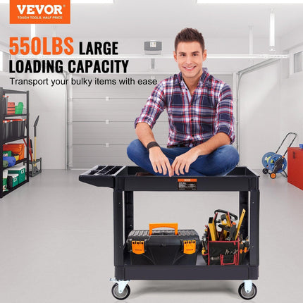 Utility Service Cart, 2 Shelf 550LBS Heavy Duty Plastic Rolling Utility Cart with 360° Swivel Wheels (2 with Brakes), Large Lipped Shelf, Ergonomic Storage Handle for Warehouse/Garage/Cleaning.