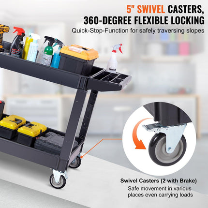 Utility Service Cart, 2 Shelf 550LBS Heavy Duty Plastic Rolling Utility Cart with 360° Swivel Wheels (2 with Brakes), Large Lipped Shelf, Ergonomic Storage Handle for Warehouse/Garage/Cleaning.
