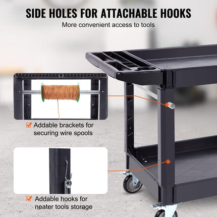 Utility Service Cart, 2 Shelf 550LBS Heavy Duty Plastic Rolling Utility Cart with 360° Swivel Wheels (2 with Brakes), Large Lipped Shelf, Ergonomic Storage Handle for Warehouse/Garage/Cleaning.