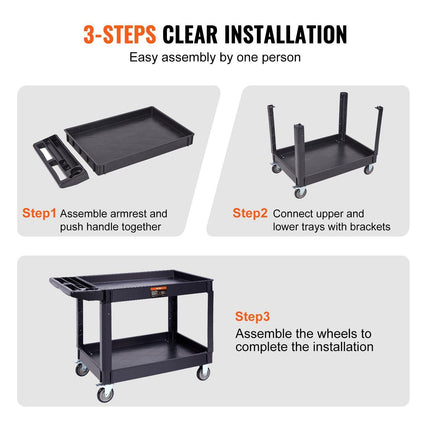 Utility Service Cart, 2 Shelf 550LBS Heavy Duty Plastic Rolling Utility Cart with 360° Swivel Wheels (2 with Brakes), Large Lipped Shelf, Ergonomic Storage Handle for Warehouse/Garage/Cleaning.