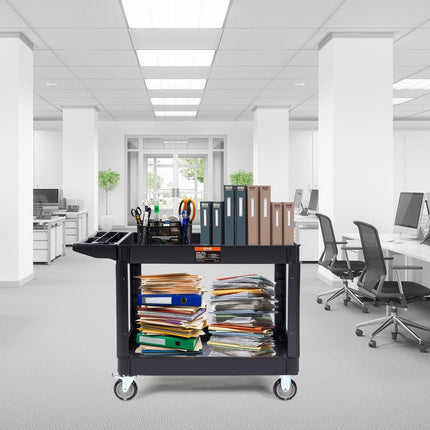 Utility Service Cart, 2 Shelf 550LBS Heavy Duty Plastic Rolling Utility Cart with 360° Swivel Wheels (2 with Brakes), Large Lipped Shelf, Ergonomic Storage Handle for Warehouse/Garage/Cleaning.