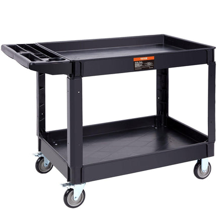 Utility Service Cart, 2 Shelf 550LBS Heavy Duty Plastic Rolling Utility Cart with 360° Swivel Wheels (2 with Brakes), Large Lipped Shelf, Ergonomic Storage Handle for Warehouse/Garage/Cleaning.
