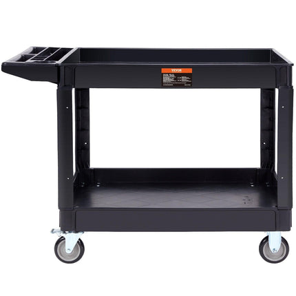 Utility Service Cart, 2 Shelf 550LBS Heavy Duty Plastic Rolling Utility Cart with 360° Swivel Wheels (2 with Brakes), Large Lipped Shelf, Ergonomic Storage Handle for Warehouse/Garage/Cleaning.