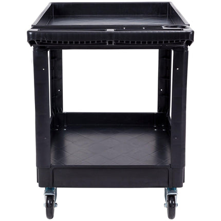 Utility Service Cart, 2 Shelf 550LBS Heavy Duty Plastic Rolling Utility Cart with 360° Swivel Wheels (2 with Brakes), Large Lipped Shelf, Ergonomic Storage Handle for Warehouse/Garage/Cleaning.