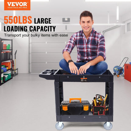 Utility Service Cart, 2 Shelf 550LBS Heavy Duty Plastic Rolling Utility Cart with 360° Swivel Wheels, Medium Lipped Shelf, Ergonomic Storage Handle for Warehouse/Garage/Cleaning/Office.