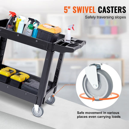Utility Service Cart, 2 Shelf 550LBS Heavy Duty Plastic Rolling Utility Cart with 360° Swivel Wheels, Medium Lipped Shelf, Ergonomic Storage Handle for Warehouse/Garage/Cleaning/Office.