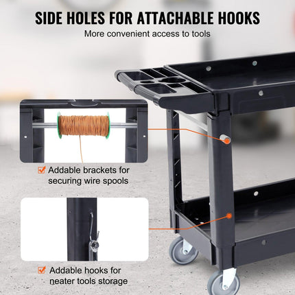 Utility Service Cart, 2 Shelf 550LBS Heavy Duty Plastic Rolling Utility Cart with 360° Swivel Wheels, Medium Lipped Shelf, Ergonomic Storage Handle for Warehouse/Garage/Cleaning/Office.