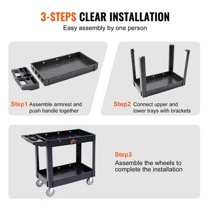 Utility Service Cart, 2 Shelf 550LBS Heavy Duty Plastic Rolling Utility Cart with 360° Swivel Wheels, Medium Lipped Shelf, Ergonomic Storage Handle for Warehouse/Garage/Cleaning/Office.