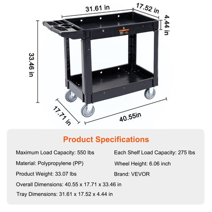 Utility Service Cart, 2 Shelf 550LBS Heavy Duty Plastic Rolling Utility Cart with 360° Swivel Wheels, Medium Lipped Shelf, Ergonomic Storage Handle for Warehouse/Garage/Cleaning/Office.