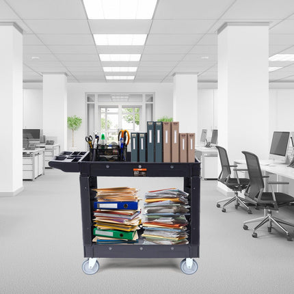 Utility Service Cart, 2 Shelf 550LBS Heavy Duty Plastic Rolling Utility Cart with 360° Swivel Wheels, Medium Lipped Shelf, Ergonomic Storage Handle for Warehouse/Garage/Cleaning/Office.