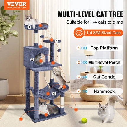 Cat Tree 143 cm Cat Tower with Cat Condo Sisal Scratching Post Dark Grey.