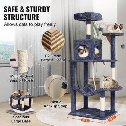 Cat Tree 143 cm Cat Tower with Cat Condo Sisal Scratching Post Dark Grey.