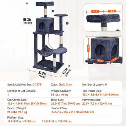 Cat Tree 143 cm Cat Tower with Cat Condo Sisal Scratching Post Dark Grey.