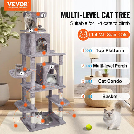 Cat Tree 174 cm Cat Tower with Cat Condos Sisal Scratching Post Light Grey.