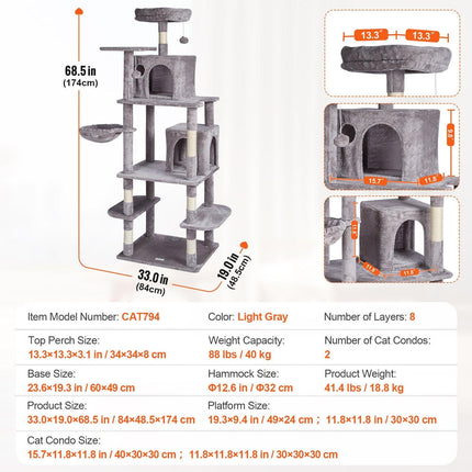 Cat Tree 174 cm Cat Tower with Cat Condos Sisal Scratching Post Light Grey.
