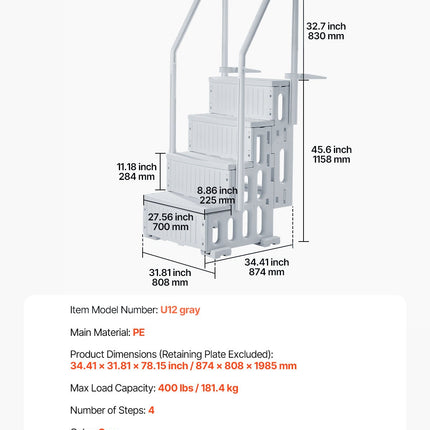 4-Step Grey Robust Pool Ladder of 2 Handrails for 1219.2-1371.6 mm Pools.