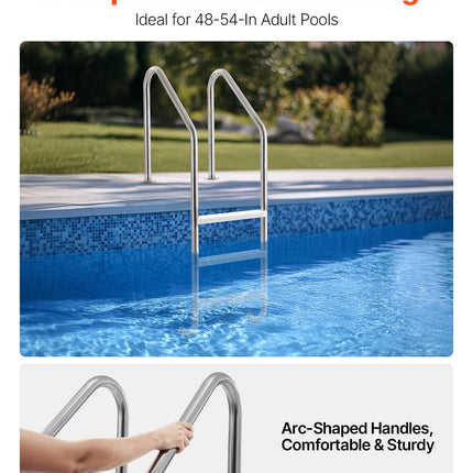 Stainless Steel Pool Ladder 3-Step & 2 Handrails for 1219.2-1371.6 mm Pool.
