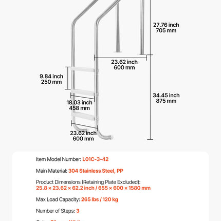 Stainless Steel Pool Ladder 3-Step & 2 Handrails for 1219.2-1371.6 mm Pool.