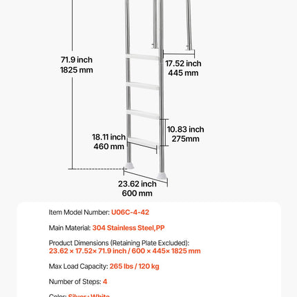 4-Step Stainless Steel Pool Ladder of 2 Handrail for 1371.6 mm Decked Pool.