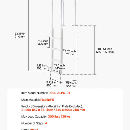 Thickened 4-Step Pool Ladder of Double Handrails for 1219.2-1371.6mm Pool.