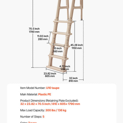 5-Step Inclined Robust Pool Ladder of 2 Handrails for 1219.2-1371.6mm Pool.
