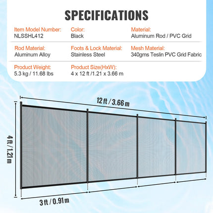 Pool Fence, 4 x 12 FT Pool Fences for Inground Pools, Removable Child Safety Pool Fencing, Easy DIY Installation Swimming Pool Fence, 340gms Teslin PVC Pool Fence Mesh Protects Kids and Pets.