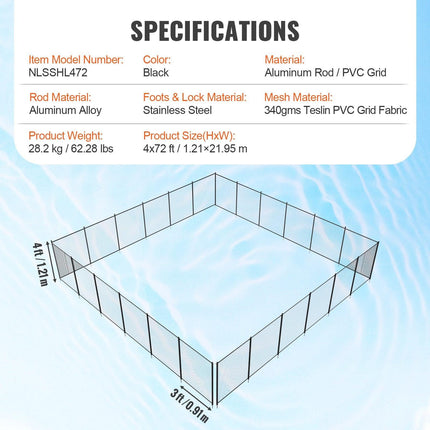 Pool Fence, 4 x 72 FT Pool Fences for Inground Pools, Removable Child Safety Pool Fencing, Easy DIY Installation Swimming Pool Fence, 340gms Teslin PVC Pool Fence Mesh Protects Kids and Pets.