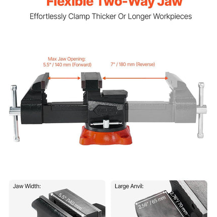 Bench Vise, 140 mm Jaw Width, 140 mm Max Jaw Opening Multipurpose Vise with 360° Swivel Locking Base, 73 mm Throat, Heavy Duty Ductile Iron Workbench Vise, Two-Way Jaws for Clamping Round Pipes.