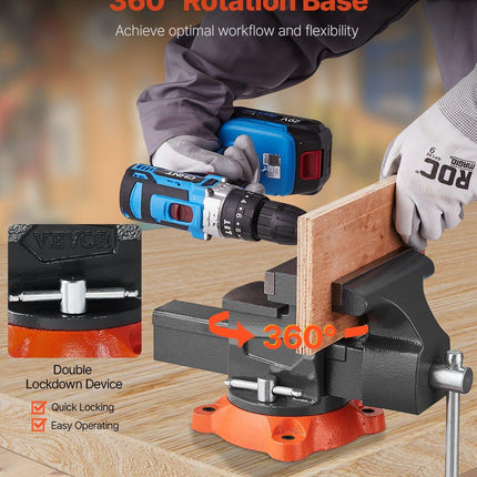 Bench Vise, 140 mm Jaw Width, 140 mm Max Jaw Opening Multipurpose Vise with 360° Swivel Locking Base, 73 mm Throat, Heavy Duty Ductile Iron Workbench Vise, Two-Way Jaws for Clamping Round Pipes.
