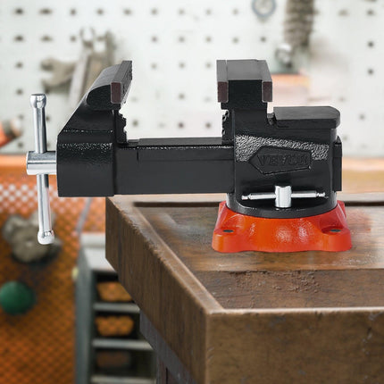 Bench Vise, 140 mm Jaw Width, 140 mm Max Jaw Opening Multipurpose Vise with 360° Swivel Locking Base, 73 mm Throat, Heavy Duty Ductile Iron Workbench Vise, Two-Way Jaws for Clamping Round Pipes.