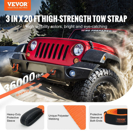 Heavy Duty Tow Strap Recovery Kit 76.2 mm x 6.1 m (MBS-16329 kg) Tree Saver Winch Strap, Triple Reinforced Loop & Protective Sleeves & Storage Bag , 19 mm D-Ring Shackles, for Truck Jeep SUV ATV.