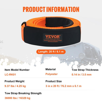 Heavy Duty Tow Strap Recovery Kit 76.2 mm x 6.1 m (MBS-16329 kg) Tree Saver Winch Strap, Triple Reinforced Loop & Protective Sleeves & Storage Bag , 19 mm D-Ring Shackles, for Truck Jeep SUV ATV.