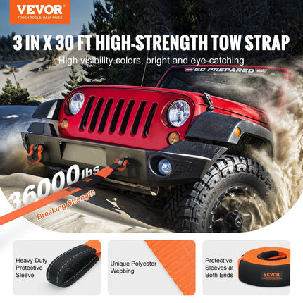 Heavy Duty Tow Strap Recovery Kit 85.1 mm x 9.1 m (MBS-16329 kg) Tree Saver Winch Strap, Triple Reinforced Loop & Protective Sleeves & Storage Bag , 19 mm D-Ring Shackles, for Truck Jeep SUV ATV.