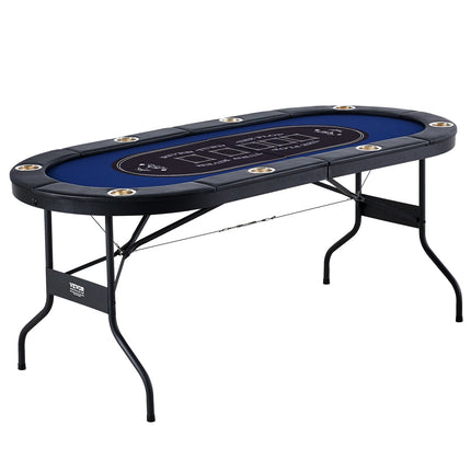 8 Player Foldable Poker Table, Blackjack Texas Holdem Poker Table with Padded Rails and Stainless Steel Cup Holders, Portable Folding Card Board Game Table,183cm Oval Casino Leisure Table, Blue.