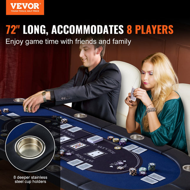 8 Player Foldable Poker Table, Blackjack Texas Holdem Poker Table with Padded Rails and Stainless Steel Cup Holders, Portable Folding Card Board Game Table,183cm Oval Casino Leisure Table, Blue.