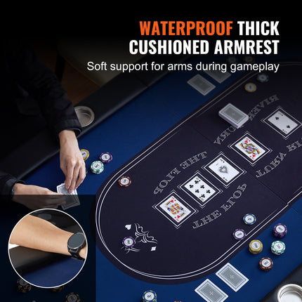 8 Player Foldable Poker Table, Blackjack Texas Holdem Poker Table with Padded Rails and Stainless Steel Cup Holders, Portable Folding Card Board Game Table,183cm Oval Casino Leisure Table, Blue.