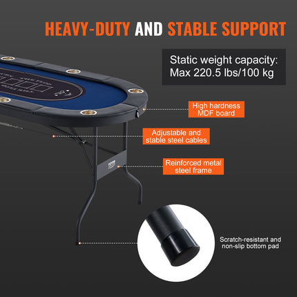 8 Player Foldable Poker Table, Blackjack Texas Holdem Poker Table with Padded Rails and Stainless Steel Cup Holders, Portable Folding Card Board Game Table,183cm Oval Casino Leisure Table, Blue.