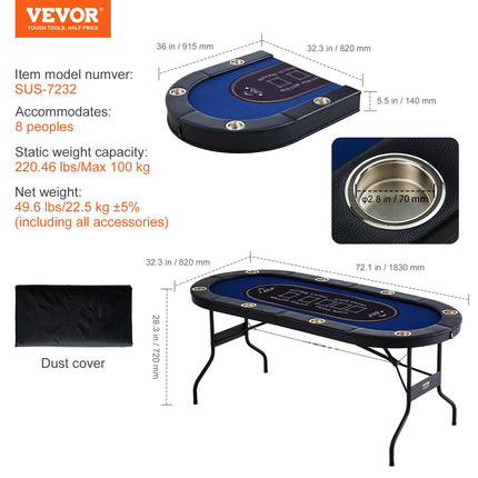 8 Player Foldable Poker Table, Blackjack Texas Holdem Poker Table with Padded Rails and Stainless Steel Cup Holders, Portable Folding Card Board Game Table,183cm Oval Casino Leisure Table, Blue.