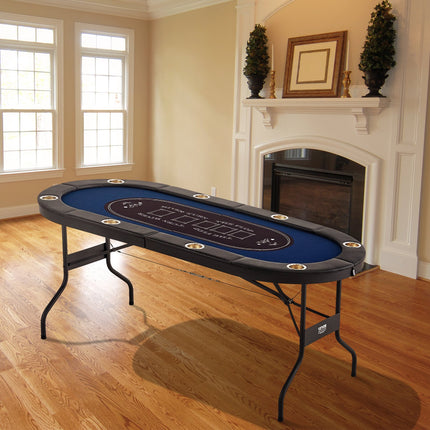 8 Player Foldable Poker Table, Blackjack Texas Holdem Poker Table with Padded Rails and Stainless Steel Cup Holders, Portable Folding Card Board Game Table,183cm Oval Casino Leisure Table, Blue.