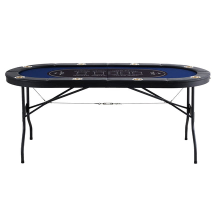 8 Player Foldable Poker Table, Blackjack Texas Holdem Poker Table with Padded Rails and Stainless Steel Cup Holders, Portable Folding Card Board Game Table,183cm Oval Casino Leisure Table, Blue.