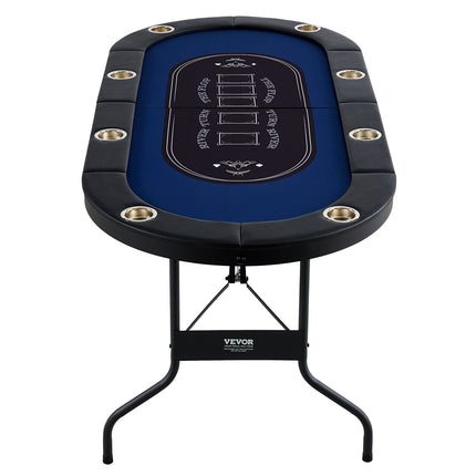 8 Player Foldable Poker Table, Blackjack Texas Holdem Poker Table with Padded Rails and Stainless Steel Cup Holders, Portable Folding Card Board Game Table,183cm Oval Casino Leisure Table, Blue.