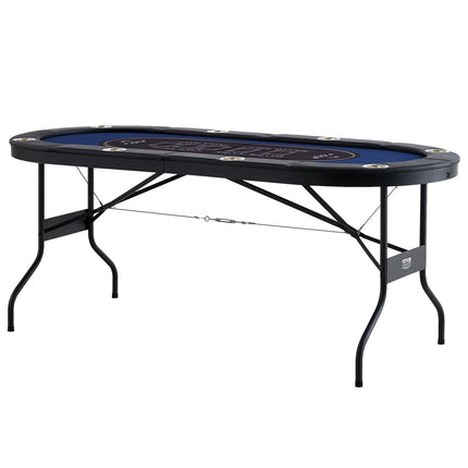 8 Player Foldable Poker Table, Blackjack Texas Holdem Poker Table with Padded Rails and Stainless Steel Cup Holders, Portable Folding Card Board Game Table,183cm Oval Casino Leisure Table, Blue.
