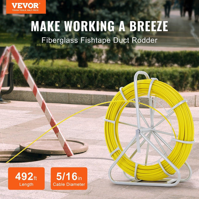 Fish Tape Fiberglass, 150 m, 7.9 mm, Duct Rodder Fishtape Wire Puller, Cable Running Rod with Steel Reel Stand, 3 Pulling Heads, Fishing Tools for Walls and Electrical Conduit, Non-Conductive.