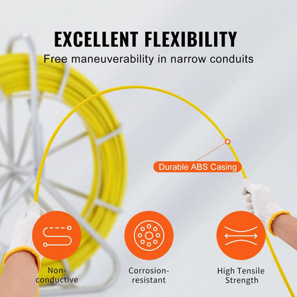 Fish Tape Fiberglass, 150 m, 7.9 mm, Duct Rodder Fishtape Wire Puller, Cable Running Rod with Steel Reel Stand, 3 Pulling Heads, Fishing Tools for Walls and Electrical Conduit, Non-Conductive.