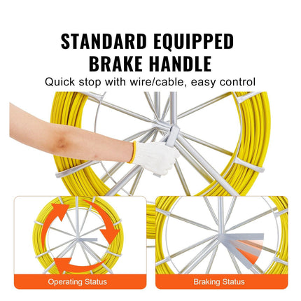 Fish Tape Fiberglass, 150 m, 7.9 mm, Duct Rodder Fishtape Wire Puller, Cable Running Rod with Steel Reel Stand, 3 Pulling Heads, Fishing Tools for Walls and Electrical Conduit, Non-Conductive.