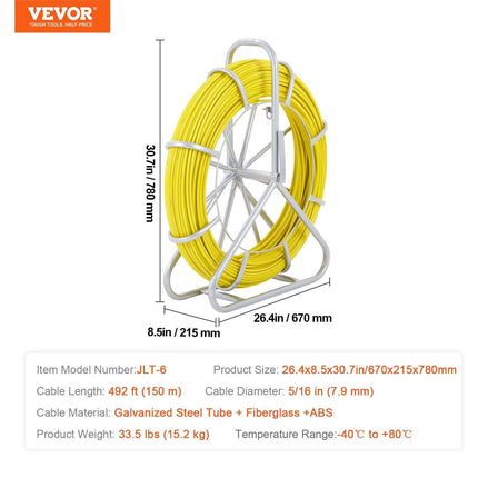 Fish Tape Fiberglass, 150 m, 7.9 mm, Duct Rodder Fishtape Wire Puller, Cable Running Rod with Steel Reel Stand, 3 Pulling Heads, Fishing Tools for Walls and Electrical Conduit, Non-Conductive.