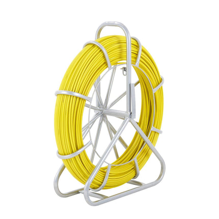 Fish Tape Fiberglass, 150 m, 7.9 mm, Duct Rodder Fishtape Wire Puller, Cable Running Rod with Steel Reel Stand, 3 Pulling Heads, Fishing Tools for Walls and Electrical Conduit, Non-Conductive.
