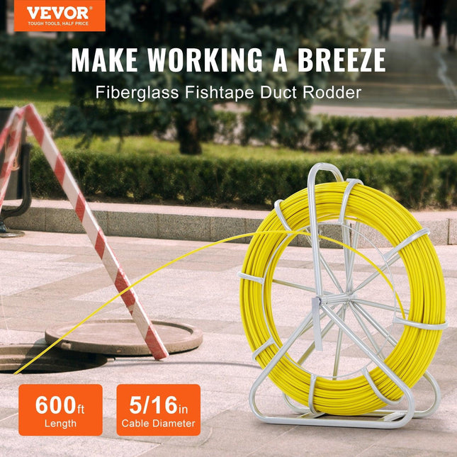 Fish Tape Fiberglass, 182.88 m, 7.9 mm, Duct Rodder Fishtape Wire Puller, Cable Running Rod with Steel Reel Stand, 3 Pulling Heads, Fishing Tools for Walls and Electrical Conduit, Non-Conductive.